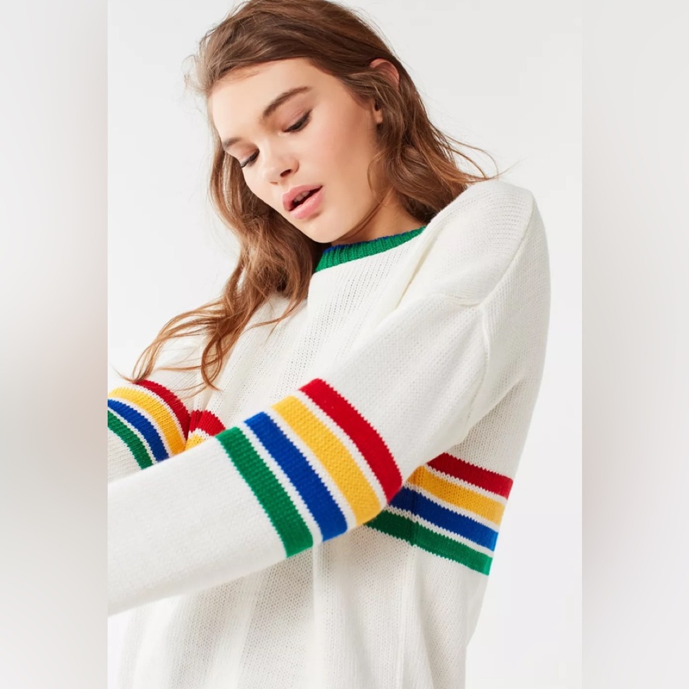 Urban Outfitters White Crewneck Sweater with Red, Green, Blue & Yellow Stripes